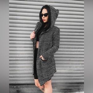 Foxblood Open Front Diamond Grey and White Hooded Cardigan Sweater - M/L